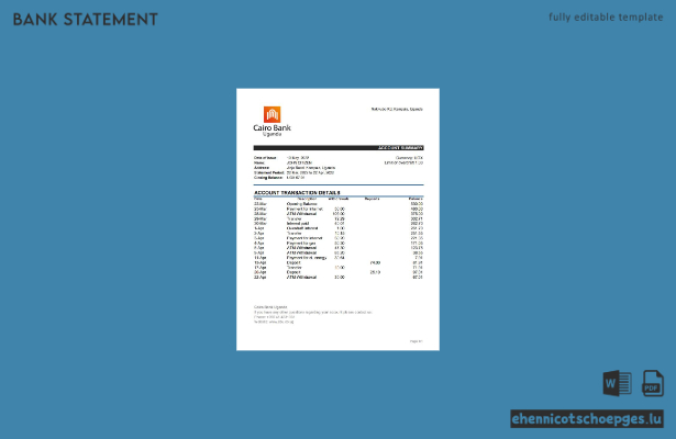 Beispiel eines Kontoauszugs in Excel, Vorschau: Uganda Kairo, Uganda